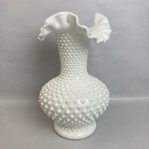 Fenton White Milk Glass Hobnail Vase Ruffled Crimped Edge Large Vintage 11"